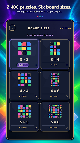 Color Carve board-size selection with six colorful puzzle grids